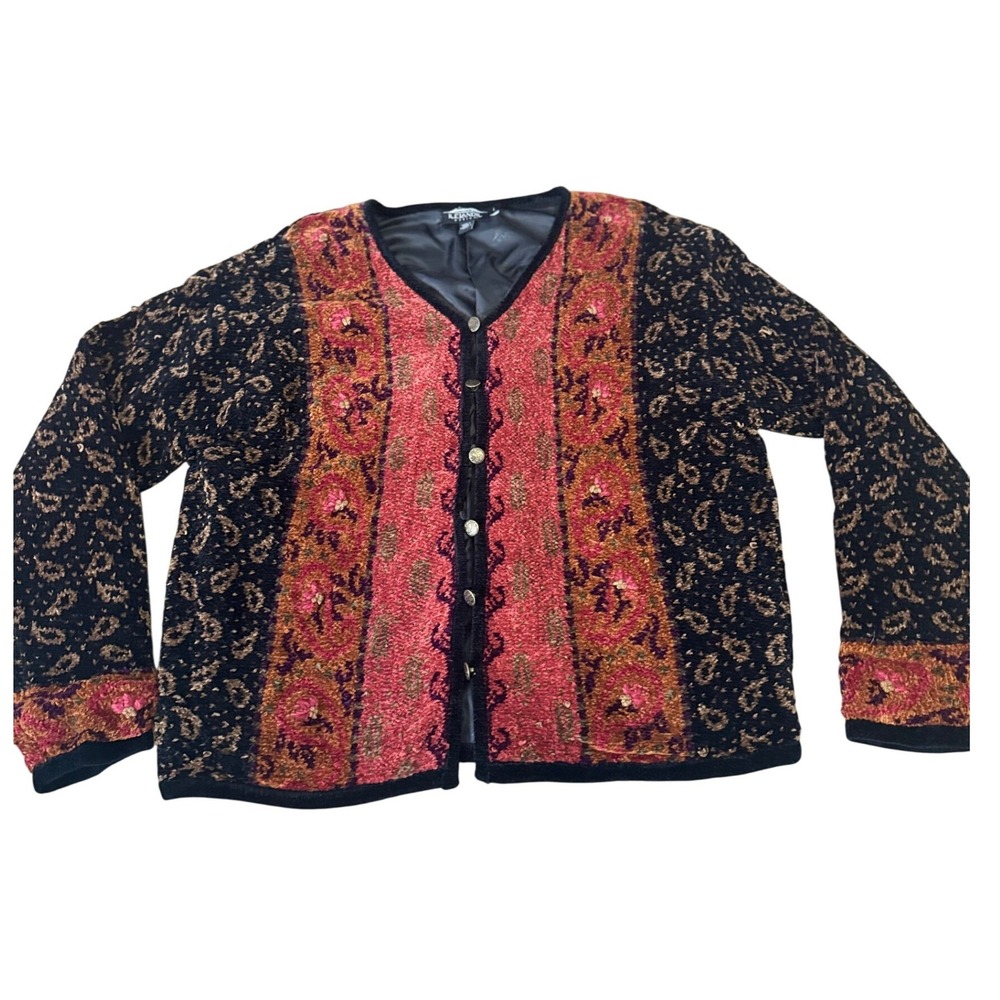 Icelandic Design Tapestry Chenille Jacket Boho Artwear Button Front Size L‎